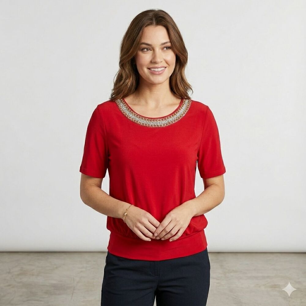 Perception Concept Gold Chain Rhinestone Neck Short Sleeve Red Blouse Size Small